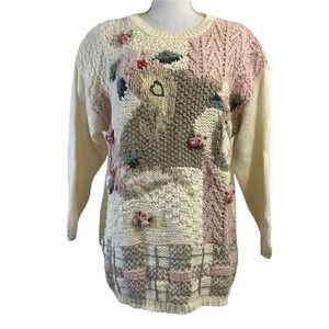 Classic Elements Vintage Chunky Hand Knit Sweater White Pink Flower Appliqué L